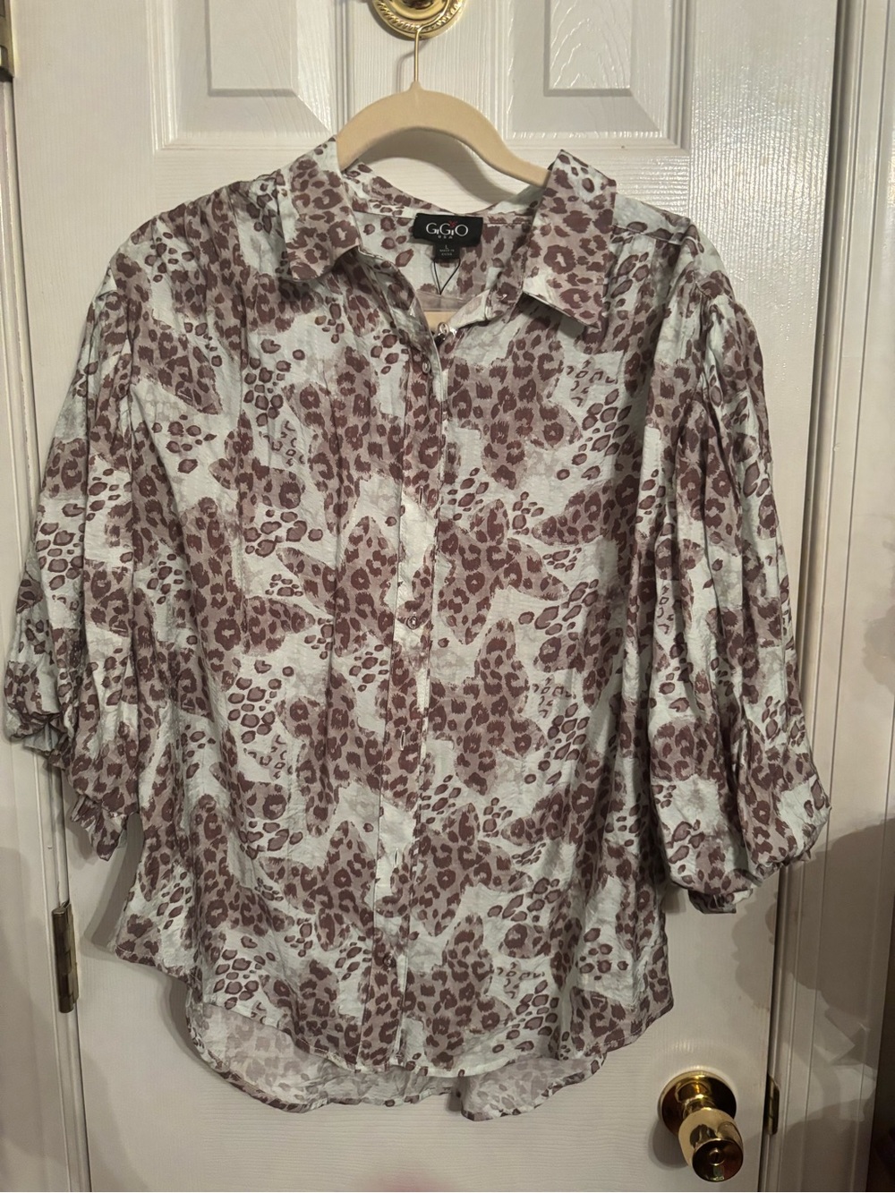 G&MO Taupe Leopard-Print Button Front Blouse